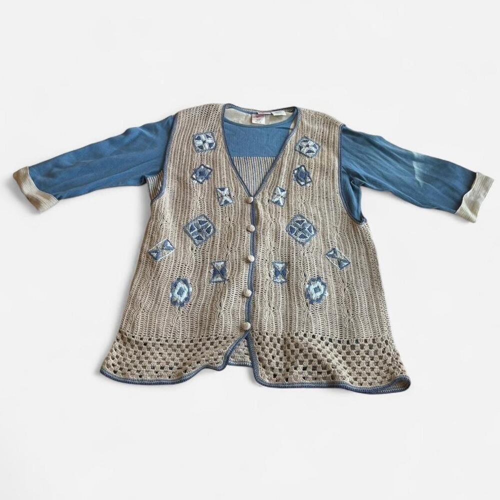 Graff Women Medium Crochet Cardigan Bohemian Geometric Color Block Beige Blue